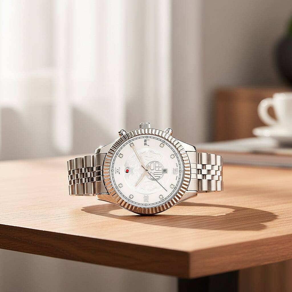 GENOA TIME V2 Miyota 2115 Quartz 3ATM WR Dragon Pattern & Crystal Dial & Silver Case Mens Watch with Silver Stainless Steel Strap